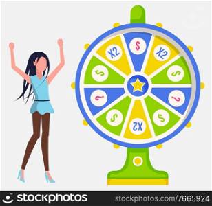 Fortune wheel decorated by dollar icons, woman player twisting round game machine. Player female spinning gambling equipment, casino entertainment vector. Casino Fortune Wheel, Woman Player, Lottery Vector