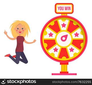 Fortune wheel gambling in casino vector, happy person jumping with joy. Kid lucky gambler won prize, money reward for person wearing stripy tshirt. Fortune Wheel, Happy Gamble Lucky Winner Vector