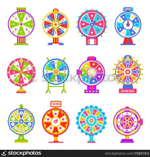 Fortune wheel machines set for gamblers to play gaming isolated icons set vector. Numbers and slots colored in different colors casino and money winning, flat style. Fortune Wheel Machines for Gamblers to Play Gaming