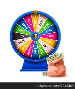Fortune wheel of luck automatic gambling machine in blue framing and sack full of dollar banknotes vector illustration isolated on white background. Fortune Wheel of Luck Automatic Gambling Machine