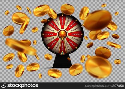Fortune wheel with gold coins. Lucky roulette on transparent background. Vector 3D realistic image spinning casino wheels for online luxury gambling. Fortune wheel with gold coins. Lucky roulette on transparent background. Vector 3D realistic image spinning casino wheels for gambling
