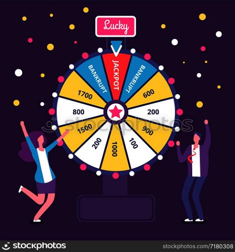 Fortune wheel with people. Man and woman spinning roulette wheel. Risk game and casino lottery vector concept. Illustration of winner people woman and man in casino. Fortune wheel with people. Man and woman spinning roulette wheel. Risk game and casino lottery vector concept