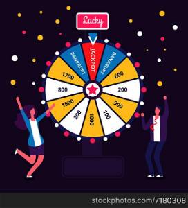 Fortune wheel with people. Man and woman spinning roulette wheel. Risk game and casino lottery vector concept. Illustration of winner people woman and man in casino. Fortune wheel with people. Man and woman spinning roulette wheel. Risk game and casino lottery vector concept