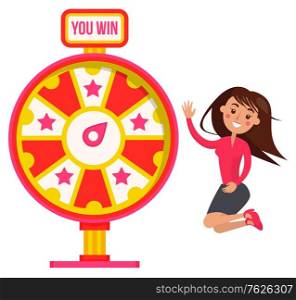 Fortune wheel with signboard you win, smiling player character winning roulette. Red game machine with stars icons,lucky gambler female, casino vector. Flat cartoon. Woman Winning in Fortune Wheel, Casino Vector