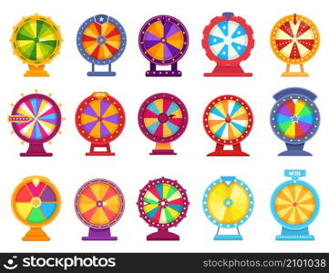 Fortune wheels, lucky spinning roulette, casino spin game. Colorful prize wheel, lottery prize roulettes games, money gambling flat vector set. Rotating equipment with random slots. Fortune wheels, lucky spinning roulette, casino spin game. Colorful prize wheel, lottery prize roulettes games, money gambling flat vector set