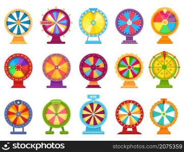 Fortune wheels, spinning roulette, lucky spin game. Casino gambling wheel, colorful turning roulette, jackpot lottery games flat vector set. Opportunity to win or lose, entertainment. Fortune wheels, spinning roulette, lucky spin game. Casino gambling wheel, colorful turning roulette, jackpot lottery games flat vector set