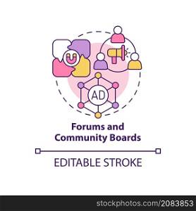 Forums and community boards concept icon. Digital marketing channels abstract idea thin line illustration. Isolated outline drawing. Editable stroke. Roboto-Medium, Myriad Pro-Bold fonts used. Forums and community boards concept icon