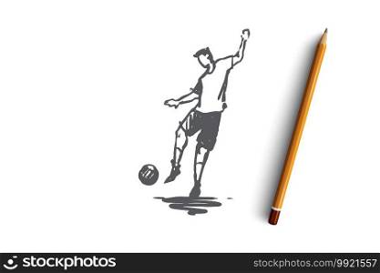 Forward, football, player, action, goal concept. Hand drawn footbal player with ball concept sketch. Isolated vector illustration.. Forward, football, player, action, goal concept. Hand drawn isolated vector.