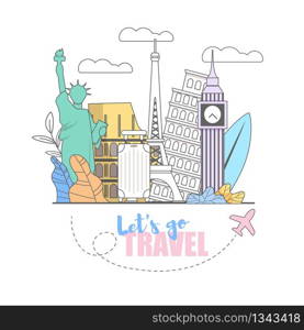 Forward Journey. Baggage is Already Collected Travel all countries World. Ready Go any Country. Square Flat Banner Let&rsquo;s Go Travel. All sights World Open to Viewing. Vector Illustration.