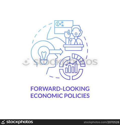Forward-looking economic policies blue gradient concept icon. Equitable economic growth abstract idea thin line illustration. Isolated outline drawing. Roboto-Medium, Myriad Pro-Bold fonts used. Forward-looking economic policies blue gradient concept icon