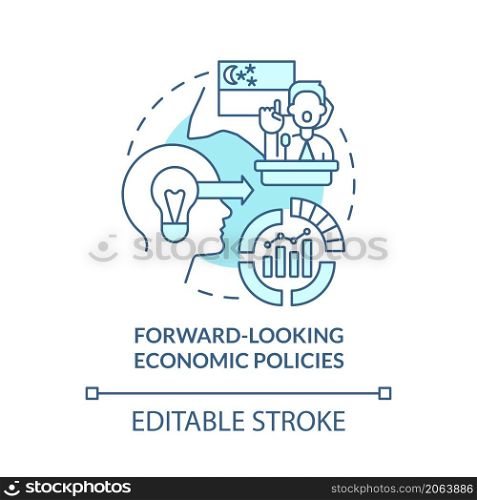 Forward-looking economic policies turquoise concept icon. Singapore business abstract idea thin line illustration. Isolated outline drawing. Editable stroke. Roboto-Medium, Myriad Pro-Bold fonts used. Forward-looking economic policies turquoise concept icon