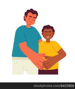 Foster parent embracing preteen boy semi flat color vector characters. Father hugging child. Adoption day. Editable half body people on white. Simple cartoon spot illustration for web graphic design. Foster parent embracing preteen boy semi flat color vector characters