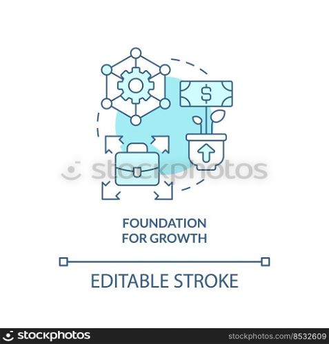Foundation for growth turquoise concept icon. Startup needs consulting service abstract idea thin line illustration. Isolated outline drawing. Editable stroke. Arial, Myriad Pro-Bold fonts used. Foundation for growth turquoise concept icon