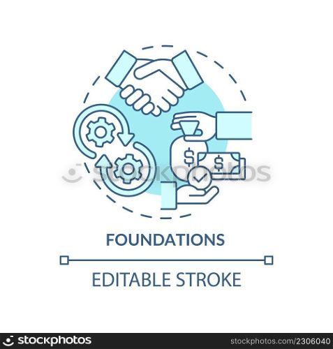 Foundations turquoise concept icon. Small business incentives. Grants for workplace abstract idea thin line illustration. Isolated outline drawing. Editable stroke. Arial, Myriad Pro-Bold fonts used. Foundations turquoise concept icon