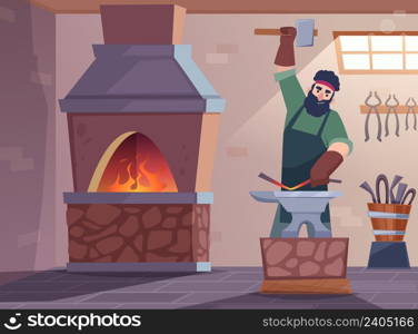 Foundry workshop background. Blacksmith worker making steel sword medieval fantasy character with hammer and traditional instruments exact vector. Illustration of blacksmith at workshop. Foundry workshop background. Blacksmith worker making steel sword medieval fantasy character with hammer and traditional instruments exact vector