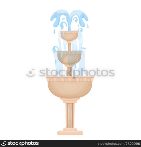 Fountain, city or garden decoration with water splashes in cartoon style isolated on white background. Classic round design, clip art. Vector illustration