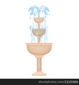 Fountain, city or garden decoration with water splashes in cartoon style isolated on white background. Classic round design, clip art. Vector illustration
