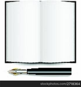 fountain ink pen and open book against white background, abstract vector art illustration