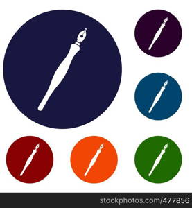 Fountain pen icons set in flat circle red, blue and green color for web. Fountain pen icons set