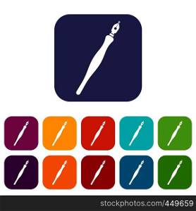 Fountain pen icons set vector illustration in flat style In colors red, blue, green and other. Fountain pen icons set flat