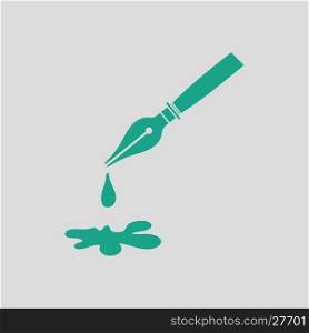 Fountain pen with blot icon. Gray background with green. Vector illustration.