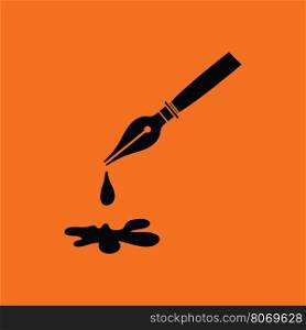 Fountain pen with blot icon. Orange background with black. Vector illustration.