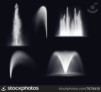 Fountain water jets and splashes, isolated realistic 3d vector waterfall and stream spray. Fountain water jets silhouettes, dancing fountain cascade or geyser and spring eruption. Fountain water, realistic jets and spray splashes