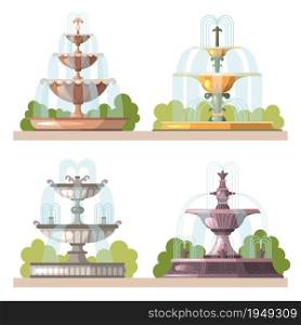 Fountains. Water beauty decorative constructions for gardens outdoor park vector cartoon illustrations. Waterfall stream collection for decoration park. Fountains. Water beauty decorative constructions for gardens outdoor park vector cartoon illustrations