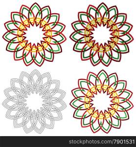 Four abstract colorful vector circular colorful shapes as a wicker patterns with different details in performance. Four circular shapes as a wicker patterns