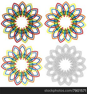 Four abstract colorful vector circular colorful shapes similar to wicker patterns with different details in performance. Four circular shapes similar to wicker patterns