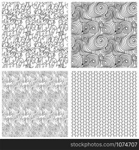 Four abstract seamless patterns in black color on the white background, hand drawing illustration