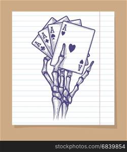 Four aces in skeleton hand sketch. Hand drawn black jack bones on line page. Vector illustration of four aces in skeleton hand