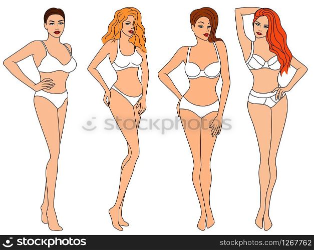 Four adorable slim women in underwear, isolated on white background, advertisement of lingerie