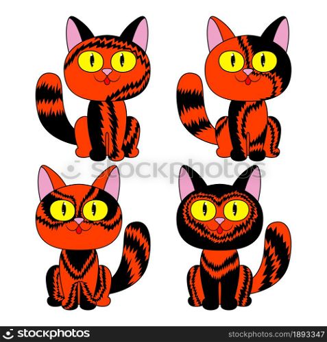 Four amusing cartoon cats for Halloween in black and orange isolated on white background, image of pets