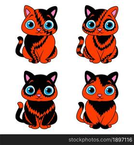 Four amusing cartoon cats for Halloween in black and orange isolated on white background, image of pets