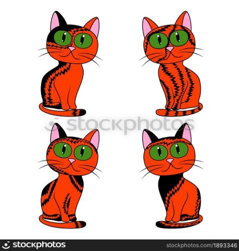 Four amusing cartoon cats for Halloween isolated on white background, black and orange image of pets