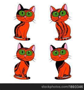 Four amusing cartoon cats for Halloween isolated on white background, black and orange image of pets