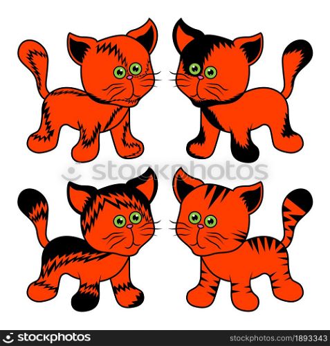 Four amusing different cartoon cats for Halloween isolated on white background, black and orange image of pets