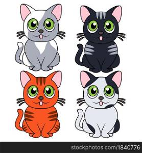 Four amusing different cartoon cats isolated on white background, color image of pets