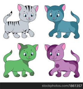 Four amusing different cartoon cats isolated on white background, color image of pets