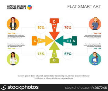 Four arrows percentage chart template for presentation. Business data. Elements of diagram, graphic. Report, idea, statistics, economy or marketing creative concept for infographic, project.