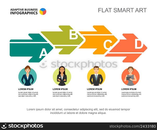 Four arrows process chart template for presentation. Business data. Abstract elements of diagram, graphic. Team, economy, management or teamwork creative concept for infographic, project.