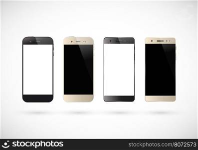 Four black and white smartphones. Four black and white smartphones. Mobile phone isolated with blank screen. Vector illustration.