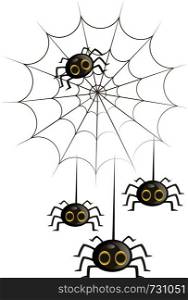 Four black cute cartoon spiders in a spiderweb vector illustration on white background.