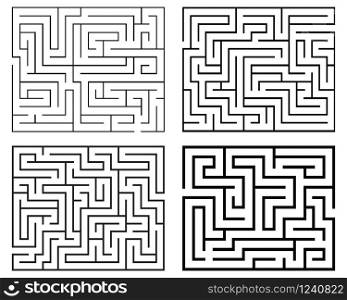 Four black mazes on a white background