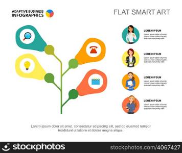 Four branches tree metaphor process chart template. Business data. Abstract elements of diagram, graphic. Progress, team, recruitment or teamwork creative concept for infographic, project layout.