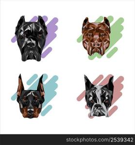 Four breeds of dogs in cubist style. German boxer, doberman, cane carso and pit bull