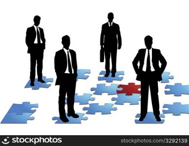 Four business men standing on puzzle pieces