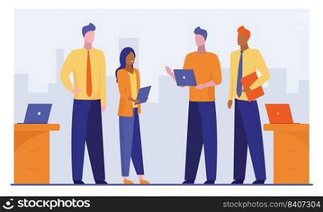 Four business people discussing project. Office staff sharing ideas flat vector illustration. Business meeting, conference, seminar concept for banner, website design or landing web page