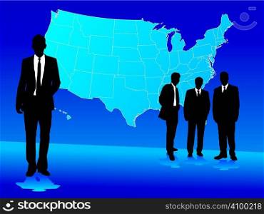 Four business people meet in front of a big map of america